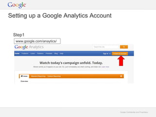 Google Confidential and Proprietary 
Setting up a Google Analytics Account 
Step1 
www.google.com/anaytics/ 
 