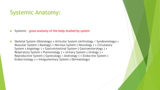 Systemic Anatomy:
 Systemic – gross anatomy of the body studied by system
 Skeletal System (Osteology) • Articular System (Arthrology / Syndesmology) •
Muscular System ( Myology) • Nervous System ( Neurology ) • Circulatory
System ( Angiology ) • Gastrointestinal System ( Gastroenterology ) •
Respiratory System ( Pulmonology ) • Urinary System ( Urology ) •
Reproductive System ( Gynecology + Andrology ) • Endocrine System (
Endocrinology ) • Integumentary System ( Dermatology)
 