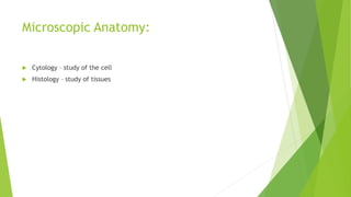 Microscopic Anatomy:
 Cytology – study of the cell
 Histology – study of tissues
 