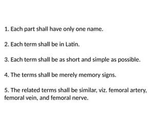 1. Each part shall have only one name.
2. Each term shall be in Latin.
3. Each term shall be as short and simple as possible.
4. The terms shall be merely memory signs.
5. The related terms shall be similar, viz. femoral artery,
femoral vein, and femoral nerve.
 