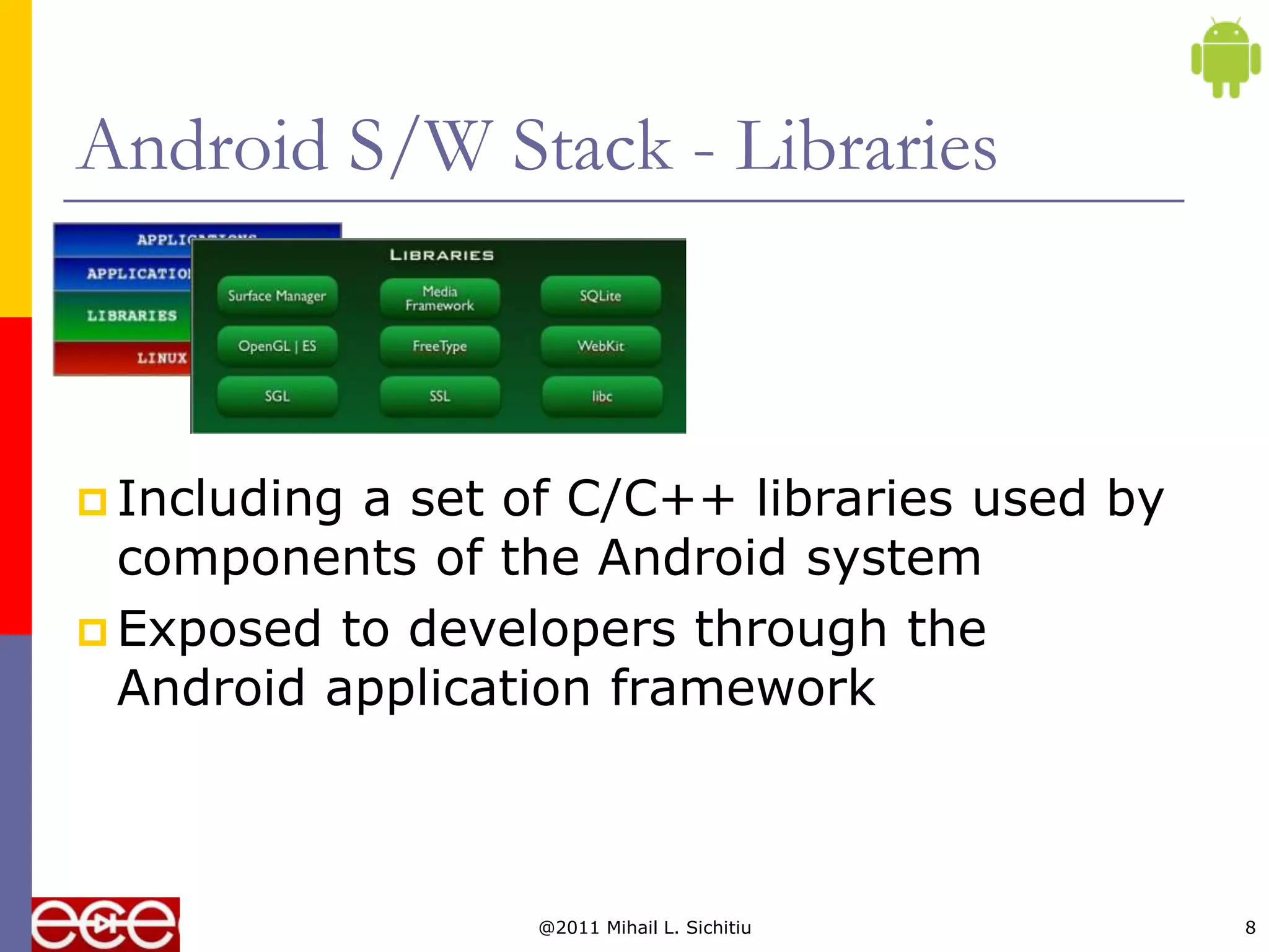 Android S/W Stack - Libraries



 Includinga set of C/C++ libraries used by
  components of the Android system
 Exposed to developers through the
  Android application framework



                  @2011 Mihail L. Sichitiu    8
 