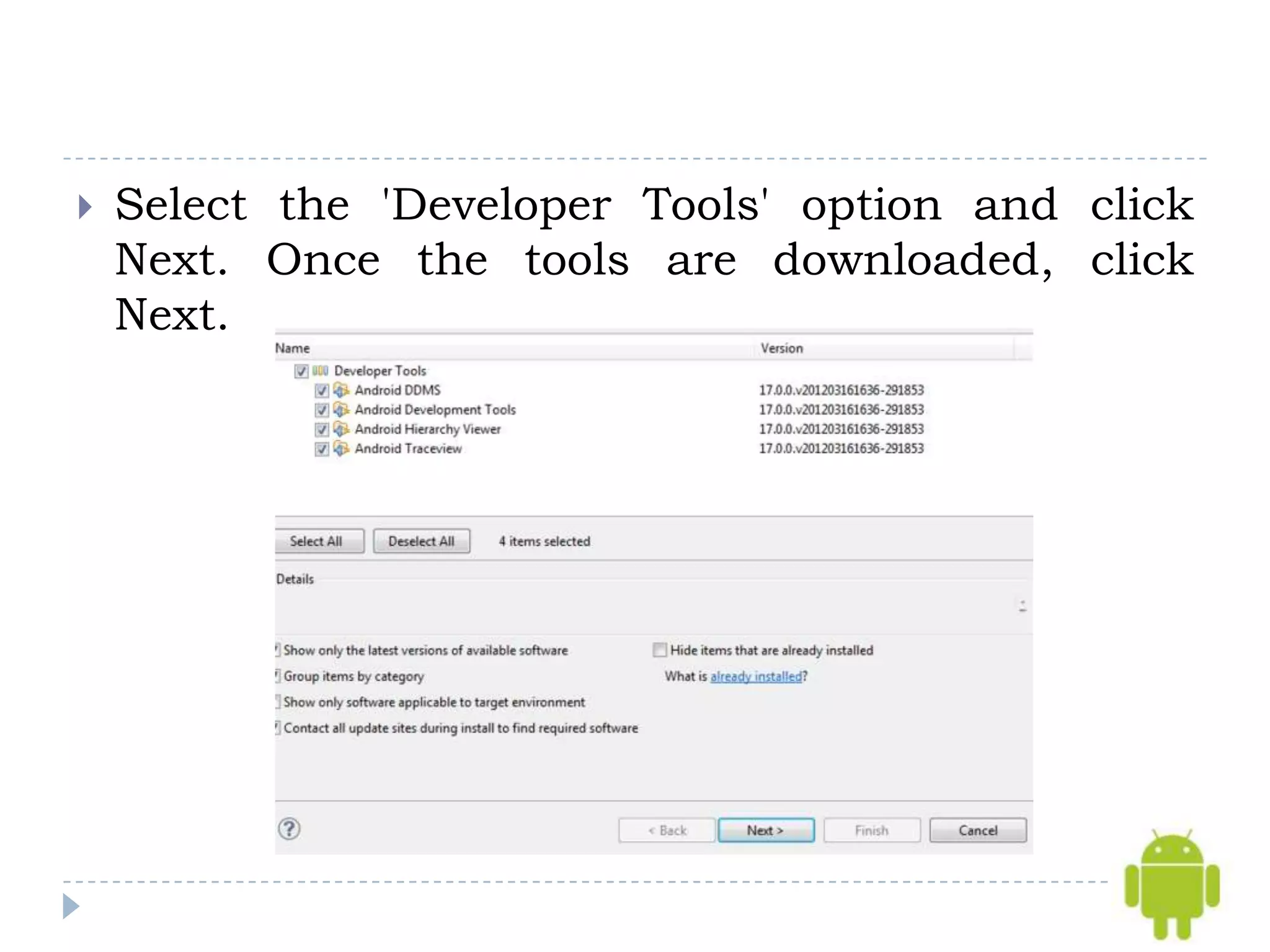    Select the 'Developer Tools' option and click
    Next. Once the tools are downloaded, click
    Next.
 