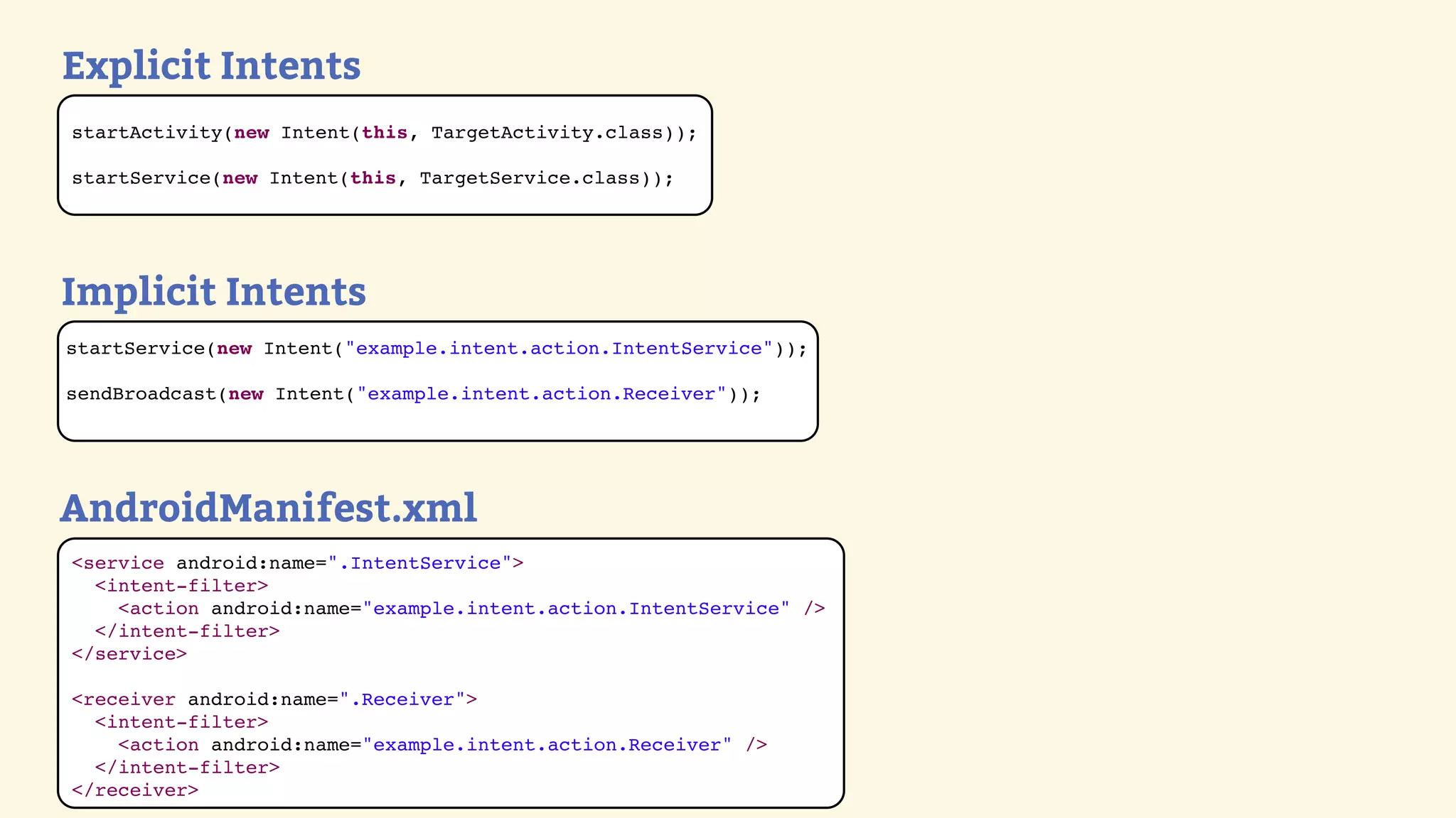 Explicit Intents
startActivity(new Intent(this, TargetActivity.class));

startService(new Intent(this, TargetService.class));




Implicit Intents
startService(new Intent(&quot;example.intent.action.IntentService&quot;));

sendBroadcast(new Intent(&quot;example.intent.action.Receiver&quot;));




AndroidManifest.xml
&lt;service android:name=&quot;.IntentService&quot;&gt;
  &lt;intent-filter&gt;
    &lt;action android:name=&quot;example.intent.action.IntentService&quot; /&gt;
  &lt;/intent-filter&gt;
&lt;/service&gt;

&lt;receiver android:name=&quot;.Receiver&quot;&gt;
  &lt;intent-filter&gt;
    &lt;action android:name=&quot;example.intent.action.Receiver&quot; /&gt;
  &lt;/intent-filter&gt;
&lt;/receiver&gt;
 