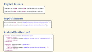 Explicit Intents
startActivity(new Intent(this, TargetActivity.class));

startService(new Intent(this, TargetService.class));




Implicit Intents
startService(new Intent("example.intent.action.IntentService"));

sendBroadcast(new Intent("example.intent.action.Receiver"));




AndroidManifest.xml
<service android:name=".IntentService">
  <intent-filter>
    <action android:name="example.intent.action.IntentService" />
  </intent-filter>
</service>

<receiver android:name=".Receiver">
  <intent-filter>
    <action android:name="example.intent.action.Receiver" />
  </intent-filter>
</receiver>
 