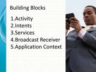 Building Blocks
1.Activity
2.Intents
3.Services
4.Broadcast Receiver
5.Application Context
 