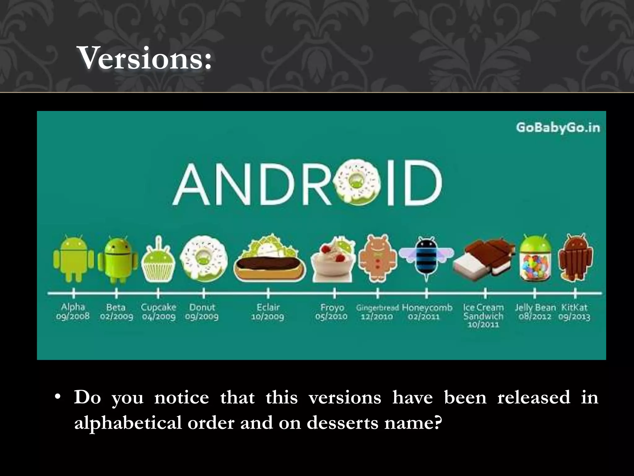 Versions:
• Do you notice that this versions have been released in
alphabetical order and on desserts name?
 