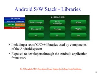 16
Android S/W Stack - Libraries
• Including a set of C/C++ libraries used by components
of the Android system
• Exposed to developers through the Android application
framework
Dr. M.Pyingkodi, MCA Department, Kongu Engineering College, Erode,Tamilnadu.
 