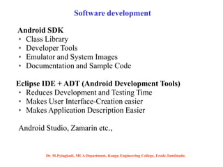 Android SDK
• Class Library
• Developer Tools
• Emulator and System Images
• Documentation and Sample Code
Eclipse IDE + ADT (Android Development Tools)
• Reduces Development and Testing Time
• Makes User Interface-Creation easier
• Makes Application Description Easier
Android Studio, Zamarin etc.,
Software development
Dr. M.Pyingkodi, MCA Department, Kongu Engineering College, Erode,Tamilnadu.
 