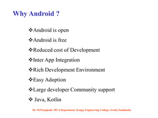 Why Android ?
Android is open
Android is free
Reduced cost of Development
Inter App Integration
Rich Development Environment
Easy Adoption
Large developer Community support
 Java, Kotlin
Dr. M.Pyingkodi, MCA Department, Kongu Engineering College, Erode,Tamilnadu.
 