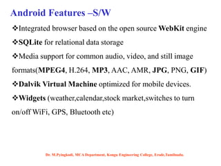 Integrated browser based on the open source WebKit engine
SQLite for relational data storage
Media support for common audio, video, and still image
formats(MPEG4, H.264, MP3, AAC, AMR, JPG, PNG, GIF)
Dalvik Virtual Machine optimized for mobile devices.
Widgets (weather,calendar,stock market,switches to turn
on/off WiFi, GPS, Bluetooth etc)
Android Features –S/W
Dr. M.Pyingkodi, MCA Department, Kongu Engineering College, Erode,Tamilnadu.
 