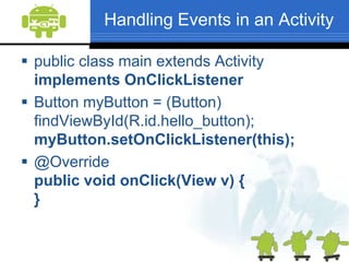 The different layoutsLinear LayoutRelative LayoutTable LayoutGrid ViewTab LayoutList View