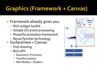  Framework already gives you:
 Rich widget toolkit
 Simple () event processing
 Powerful animation framework
 Reuse familiar technology
 SurfaceView + Canvas:
 Fast drawing
 Rich API:
▪ Geometric Primitives
▪ Transformations
▪ Xfer Modes + Shaders
 