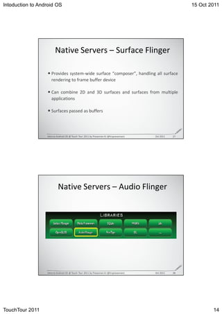 Intoduction to Android OS                                              15 Oct 2011




                          E                ^               ^   

                      W


                                                 


                      ^




                  /           K^   d   d       W       E           K




                          E                ^                   




                  /           K^   d   d       W       E           K




TouchTour 2011                                                                 14
 