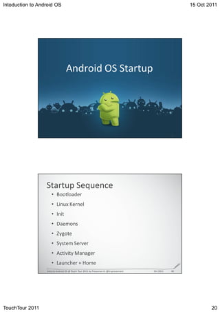 Intoduction to Android OS                                       15 Oct 2011




                                                     K^ ^




                  ^                  ^
                      • 
                      •         
                      • /
                      • 
                      • 
                      • ^            ^
                      •              D
                      •                     ,
                  /         K^   d       d       W   E      K




TouchTour 2011                                                          20
 