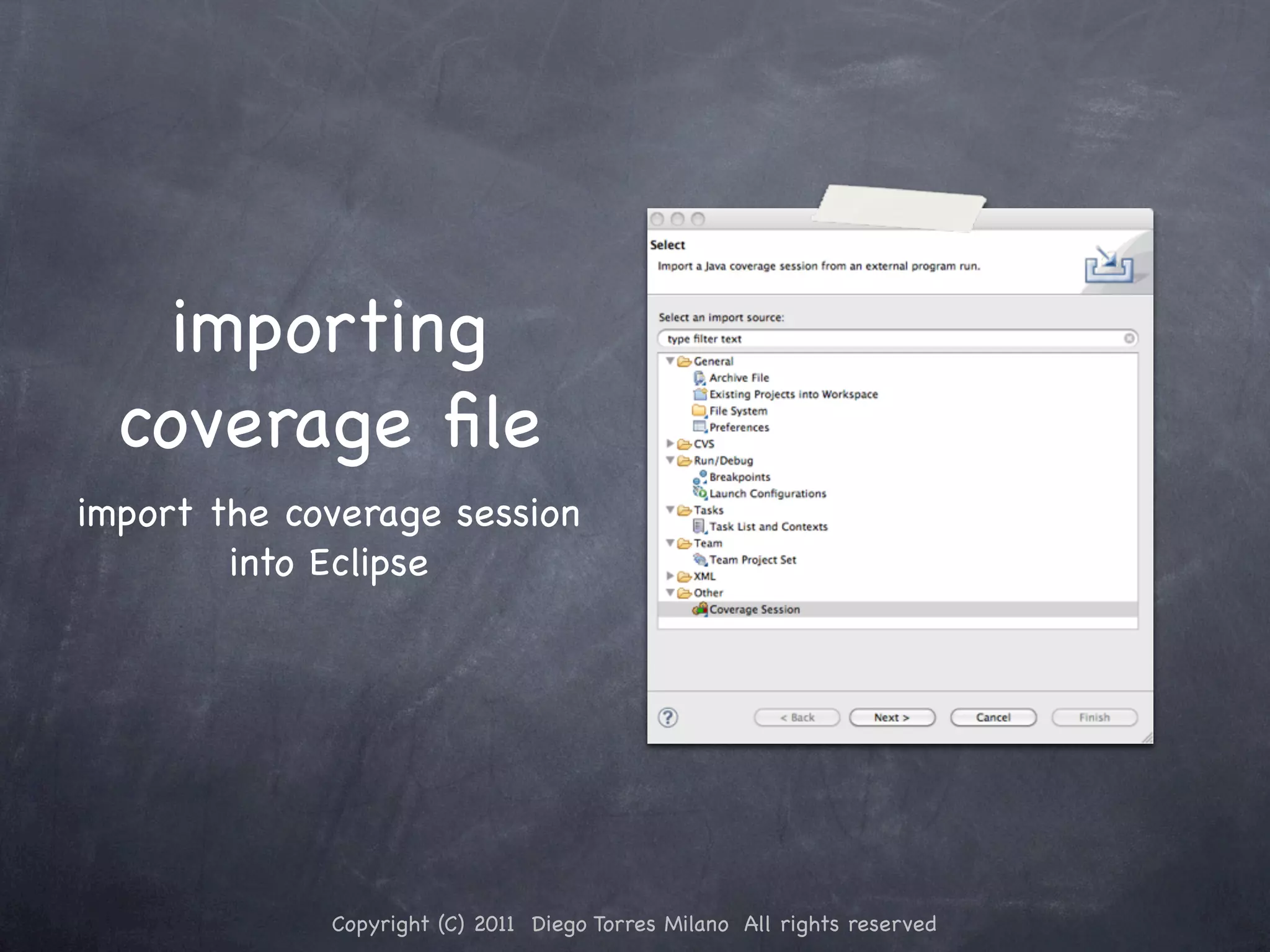 importing coverage ﬁle import the coverage session into Eclipse Copyright (C) 2011 Diego Torres Milano All rights reserved 