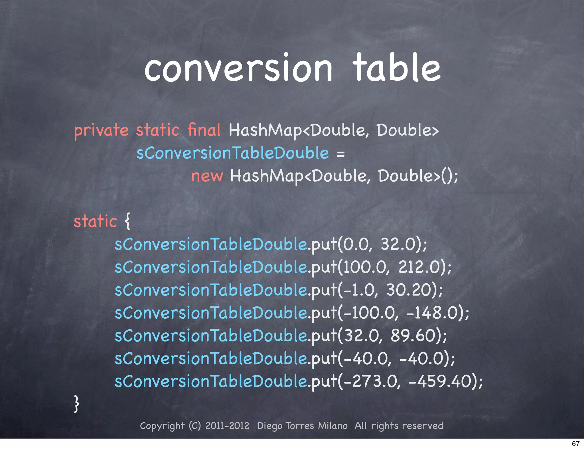conversion table
private static ﬁnal HashMap<Double, Double>
         sConversionTableDouble =
! ! !          new HashMap<Double, Double>();
!
static {
! ! sConversionTableDouble.put(0.0, 32.0);
! ! sConversionTableDouble.put(100.0, 212.0);
! ! sConversionTableDouble.put(-1.0, 30.20);
! ! sConversionTableDouble.put(-100.0, -148.0);
! ! sConversionTableDouble.put(32.0, 89.60);
! ! sConversionTableDouble.put(-40.0, -40.0);
! ! sConversionTableDouble.put(-273.0, -459.40);
}
       Copyright (C) 2011-2012 Diego Torres Milano All rights reserved
                                                                         67
 