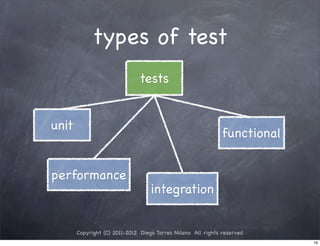 types of test
                              tests


unit
                                                              functional


performance
                                   integration


       Copyright (C) 2011-2012 Diego Torres Milano All rights reserved
                                                                           16
 