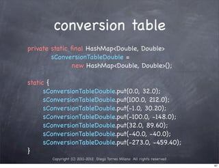 conversion table
private static ﬁnal HashMap<Double, Double>
         sConversionTableDouble =
! ! !          new HashMap<Double, Double>();
!
static {
! ! sConversionTableDouble.put(0.0, 32.0);
! ! sConversionTableDouble.put(100.0, 212.0);
! ! sConversionTableDouble.put(-1.0, 30.20);
! ! sConversionTableDouble.put(-100.0, -148.0);
! ! sConversionTableDouble.put(32.0, 89.60);
! ! sConversionTableDouble.put(-40.0, -40.0);
! ! sConversionTableDouble.put(-273.0, -459.40);
}
       Copyright (C) 2011-2012 Diego Torres Milano All rights reserved
                                                                         67
 