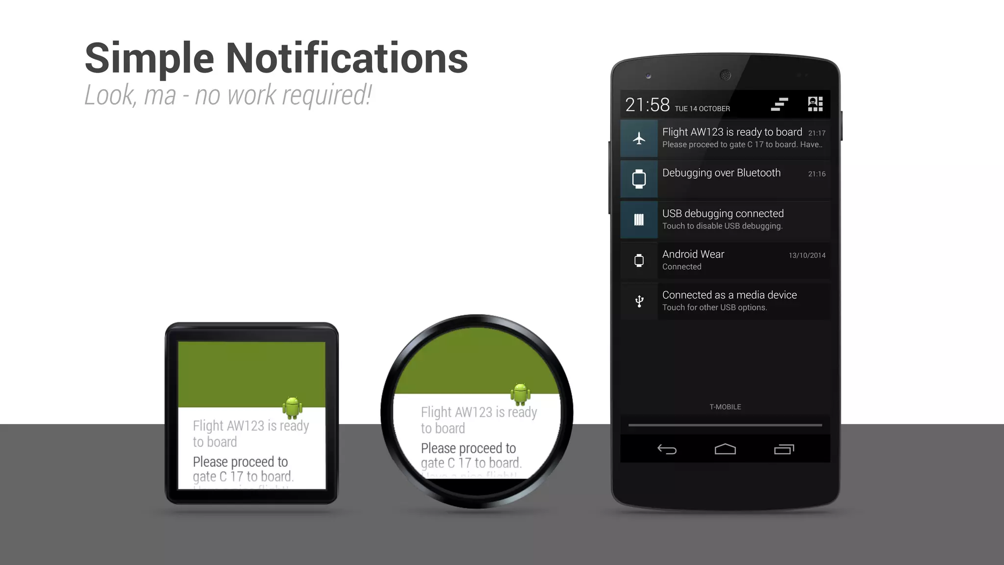 Intent viewIntent = new Intent(context, DummyActivity.class); 
 
PendingIntent viewPendingIntent = PendingIntent.getActivity(context, 0, viewIntent, 0); 
Notification notification = new NotificationCompat.Builder(context) 
.setSmallIcon(R.drawable.ic_launcher) 
.setSmallIcon(R.drawable.plane) 
.setContentTitle(String.format("Flight AW123 is ready to board", notificationId)) 
.setContentText("Please proceed to gate C 17 to board. Have a nice flight!") 
.setContentIntent(viewPendingIntent) 
.build(); 
 
NotificationManagerCompat notificationManager = NotificationManagerCompat.from(context); 
notificationManager.notify(notificationId++, notification); 
sendNotification()
Simple Notifications
 