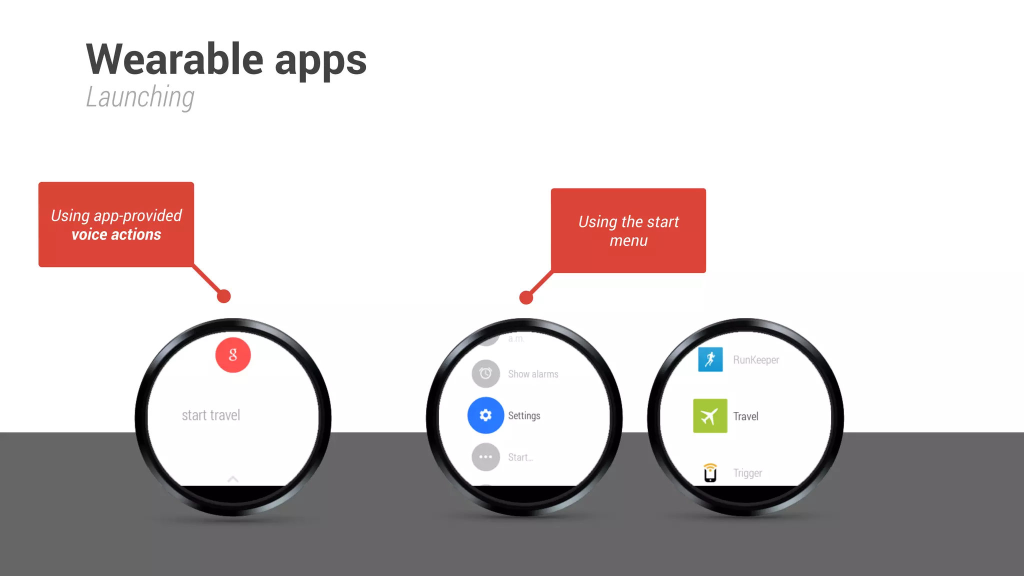 <application 
android:icon="@drawable/greenlinelogo" 
android:label="@string/app_name" 
android:theme="@android:style/Theme.DeviceDefault" > 
<activity 
android:name="de.peterfriese.weartravel.MainActivity" 
android:label="@string/app_name_voice" > 
<intent-filter> 
<action android:name="android.intent.action.MAIN" /> 
 
<category android:name="android.intent.category.LAUNCHER" /> 
</intent-filter> 
</activity> 
</application> 
AndroidManifest.xml
Launching
 