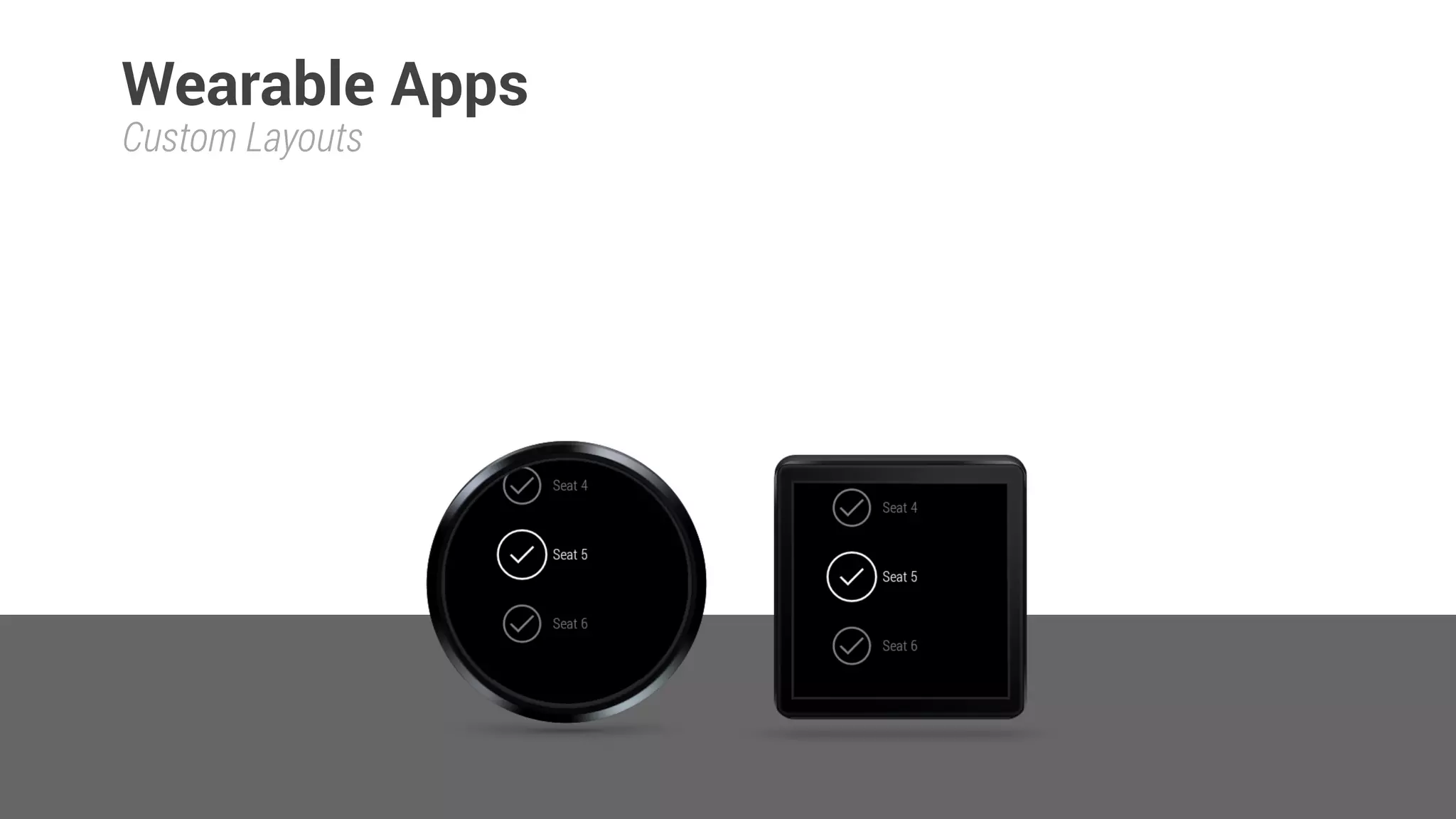 <android.support.wearable.view.BoxInsetLayout 
xmlns:android="http://schemas.android.com/apk/res/android" 
xmlns:app="http://schemas.android.com/apk/res-auto" 
android:layout_height="match_parent" 
android:layout_width="match_parent"> 
 
<FrameLayout 
android:id="@+id/frame_layout" 
android:layout_height="match_parent" 
android:layout_width="match_parent" 
app:layout_box="left|bottom|right"> 
 
<android.support.wearable.view.WearableListView 
android:id="@+id/checkin_list" 
android:layout_height="match_parent" 
android:layout_width="match_parent"> 
</android.support.wearable.view.WearableListView> 
</FrameLayout> 
</android.support.wearable.view.BoxInsetLayout>
activity_checkin.xml
Layout - List
 