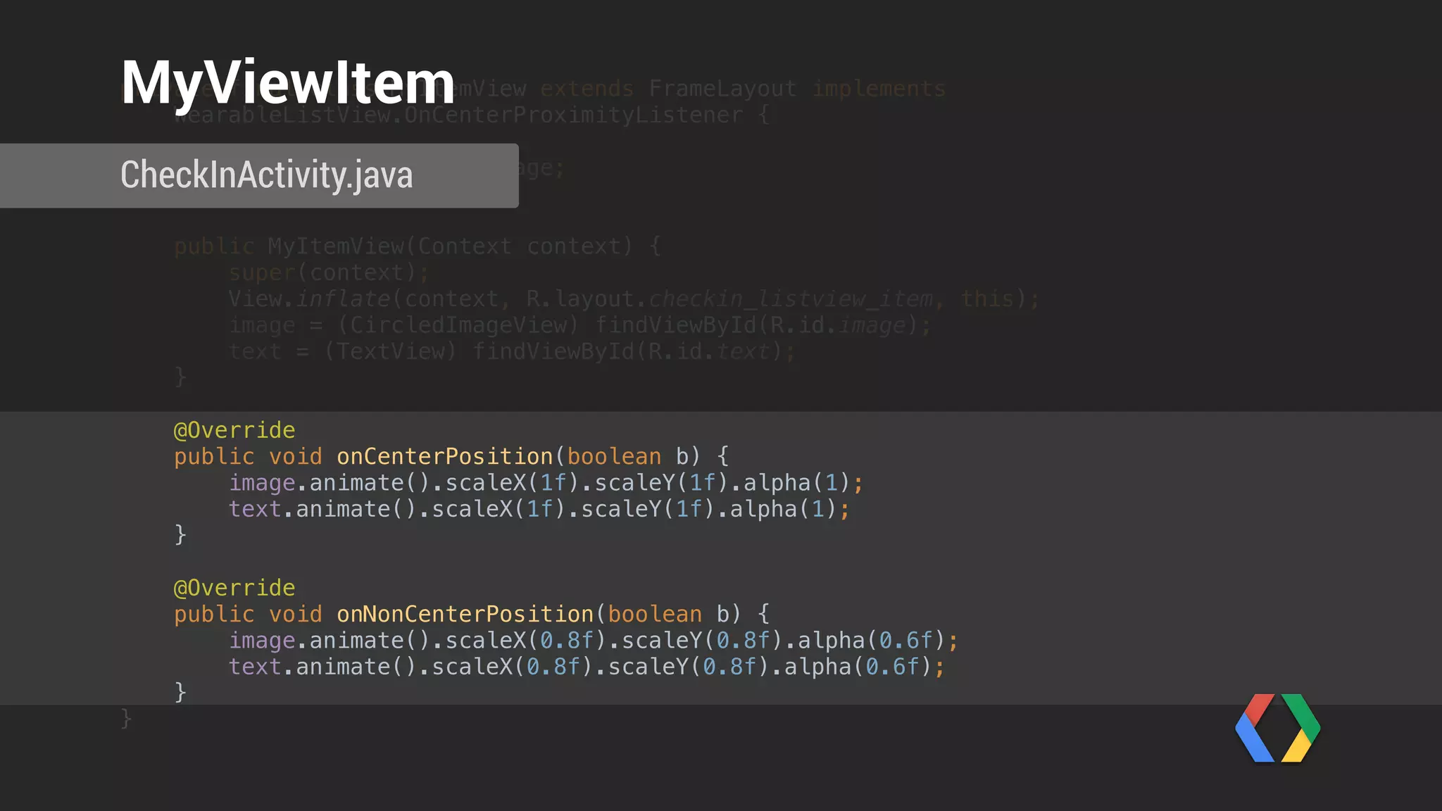 public class CheckInActivity extends Activity implements WearableListView.ClickListener { 
 
@Override 
protected void onCreate(Bundle savedInstanceState) { 
super.onCreate(savedInstanceState); 
setContentView(R.layout.activity_checkin); 
 
MyListAdapter adapter = new MyListAdapter(); 
 
WearableListView listView = (WearableListView) findViewById(R.id.checkin_list); 
listView.setAdapter(adapter); 
listView.setClickListener(CheckInActivity.this); 
} 
 
@Override 
public void onClick(WearableListView.ViewHolder viewHolder) { 
Toast.makeText(this, String.format("You selected item #%s",
viewHolder.getPosition()), Toast.LENGTH_SHORT).show(); 
} 
 
@Override 
public void onTopEmptyRegionClick() { 
CheckInActivity.java
Activity
 
