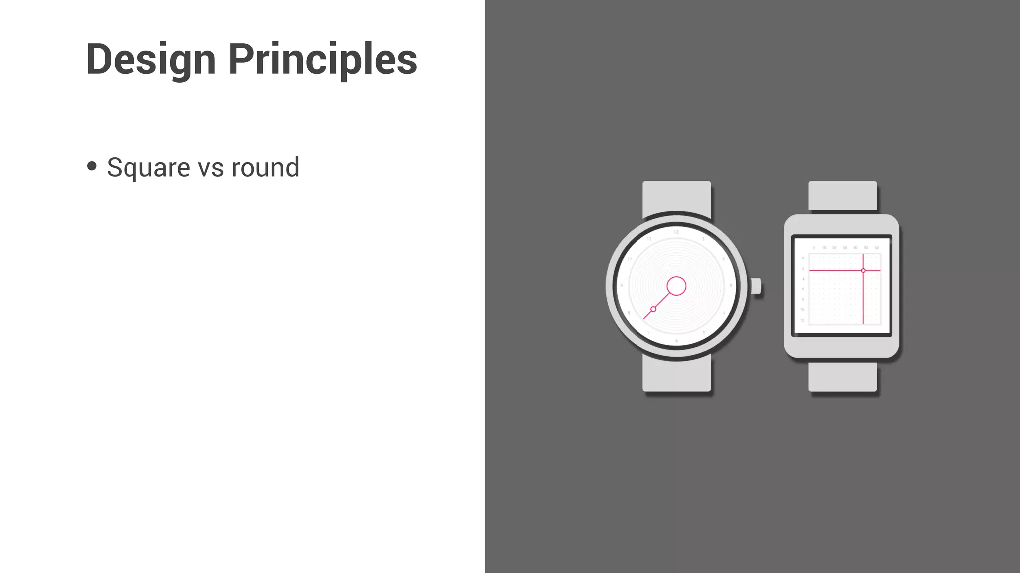 • Square vs round
• Ambient mode / low-bit
Design Principles
 