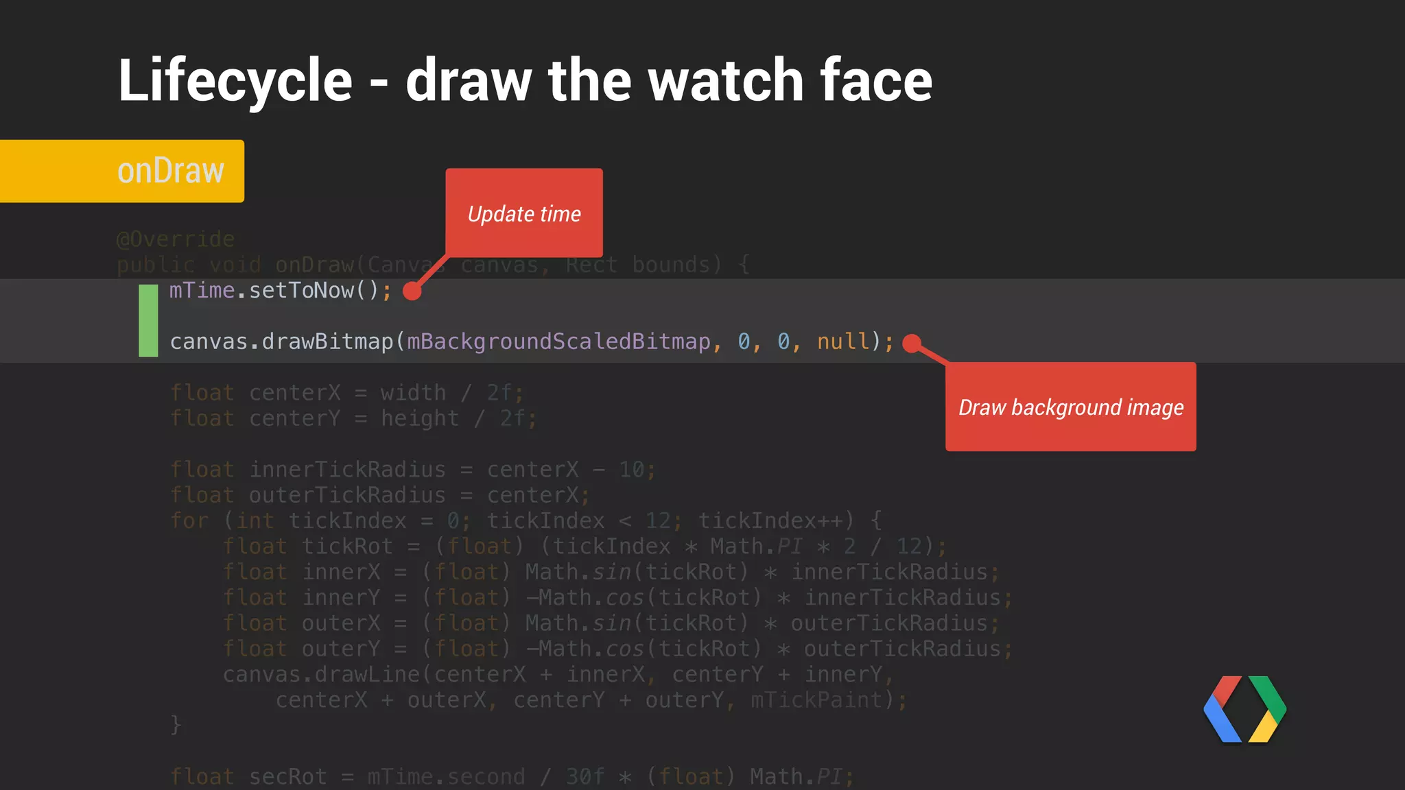 @Override 
public void onDraw(Canvas canvas, Rect bounds) { 
mTime.setToNow(); 
 
canvas.drawBitmap(mBackgroundScaledBitmap, 0, 0, null);
float centerX = width / 2f; 
float centerY = height / 2f; 
 
float innerTickRadius = centerX - 10; 
float outerTickRadius = centerX; 
for (int tickIndex = 0; tickIndex < 12; tickIndex++) { 
float tickRot = (float) (tickIndex * Math.PI * 2 / 12); 
float innerX = (float) Math.sin(tickRot) * innerTickRadius; 
float innerY = (float) -Math.cos(tickRot) * innerTickRadius; 
float outerX = (float) Math.sin(tickRot) * outerTickRadius; 
float outerY = (float) -Math.cos(tickRot) * outerTickRadius; 
canvas.drawLine(centerX + innerX, centerY + innerY, 
centerX + outerX, centerY + outerY, mTickPaint); 
} 
 
float secRot = mTime.second / 30f * (float) Math.PI; 
onDraw
Lifecycle - draw the watch face
Draw the ticks
 