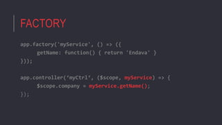 FACTORY
app.factory('myService', () => ({
getName: function() { return 'Endava' }
}));
app.controller(‘myCtrl‘, ($scope, myService) => {
$scope.company = myService.getName();
});
 