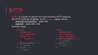 $HTTP
• $http is a build-in service for asynchronous HTTP requests
• All HTTP methods of $http return promise object which:
• resolved successfully – code 200
• rejected – code 4XX, 5XX
• General usage:
$http({
method:'post',
url:'/api/users',
data: userObject
}).then((response) => {
// success
}, (error) => {
// error
});
$http({
method:'get',
url:'/api/user‘,
params: {
userId: 1
}
}).then((response) => {
// success
}, (error) => {
// error
});
 
