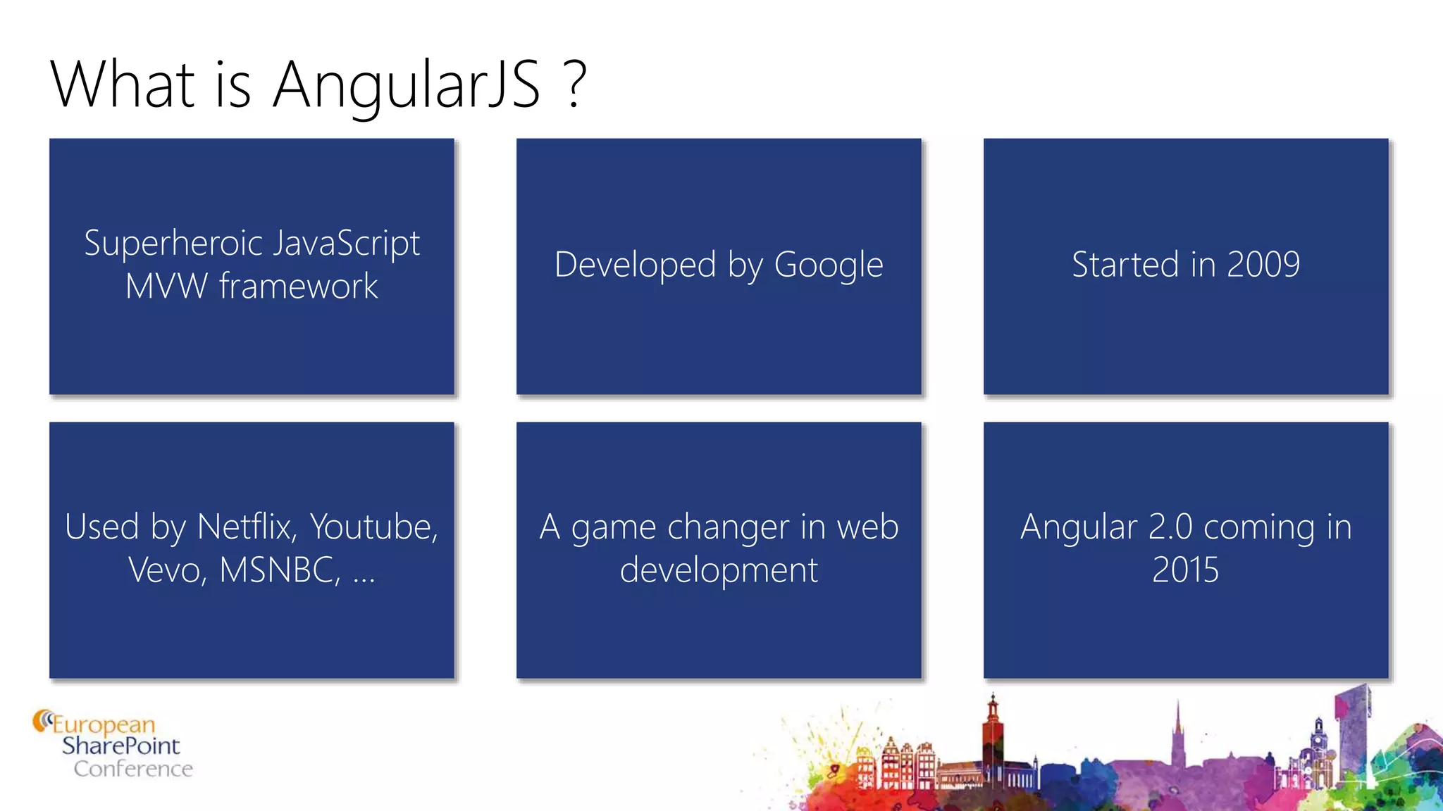 What is AngularJS ? Superheroic JavaScript MVW framework Started in 2009Developed by Google Used by Netflix, Youtube, Vevo, MSNBC, … Angular 2.0 coming in 2015 A game changer in web development 