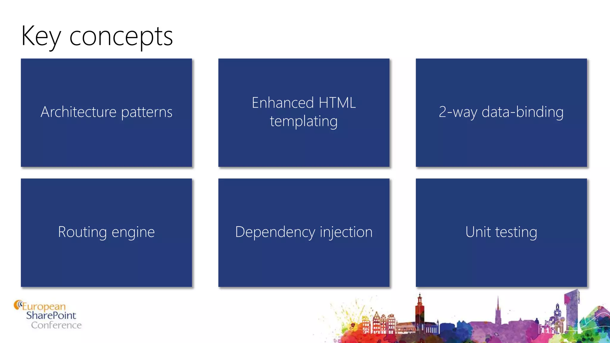 Key concepts Architecture patterns 2-way data-binding Enhanced HTML templating Routing engine Unit testingDependency injection 