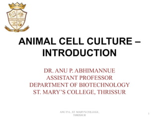 ANIMAL CELL CULTURE –
INTRODUCTION
DR. ANU P. ABHIMANNUE
ASSISTANT PROFESSOR
DEPARTMENT OF BIOTECHNOLOGY
ST. MARY’S COLLEGE, THRISSUR
1
ANU P.A., ST. MARY'S COLLEGE,
THRISSUR
 