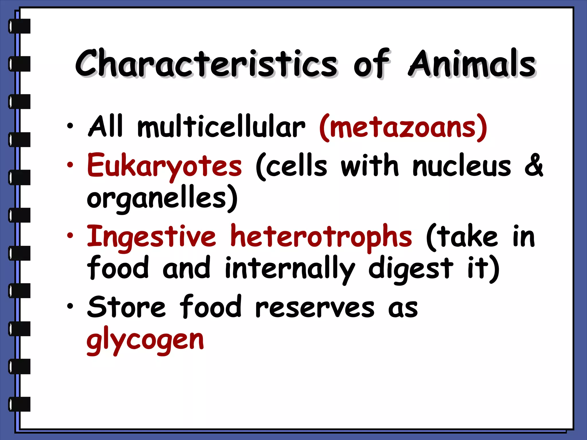 Characteristics of Animals
• All multicellular (metazoans)
• Eukaryotes (cells with nucleus &
organelles)
• Ingestive heterotrophs (take in
food and internally digest it)
• Store food reserves as
glycogen

 
