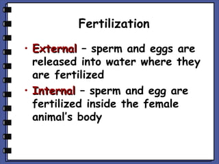 Fertilization
• External – sperm and eggs are
released into water where they
are fertilized
• Internal – sperm and egg are
fertilized inside the female
animal’s body

 