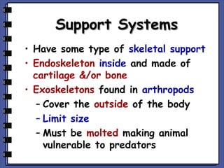 Support Systems
• Have some type of skeletal support
• Endoskeleton inside and made of
cartilage &/or bone
• Exoskeletons found in arthropods
– Cover the outside of the body
– Limit size
– Must be molted making animal
vulnerable to predators

 