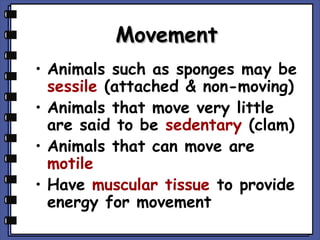 Movement
• Animals such as sponges may be
sessile (attached & non-moving)
• Animals that move very little
are said to be sedentary (clam)
• Animals that can move are
motile
• Have muscular tissue to provide
energy for movement

 