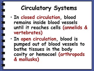 Circulatory Systems
• In closed circulation, blood
remains inside blood vessels
until it reaches cells (annelids &
vertebrates)
• In open circulation, blood is
pumped out of blood vessels to
bathe tissues in the body
cavity or hemocoel (arthropods
& mollusks)

 