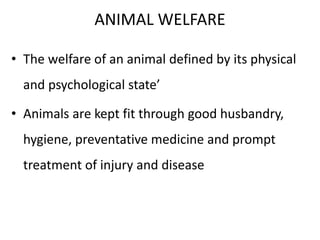 ANIMAL WELFARE
• The welfare of an animal defined by its physical
and psychological state’
• Animals are kept fit through good husbandry,
hygiene, preventative medicine and prompt
treatment of injury and disease
 