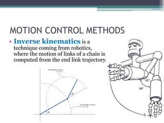MOTION CONTROL METHODS
• Inverse kinematics is a
technique coming from robotics,
where the motion of links of a chain is
computed from the end link trajectory.
 