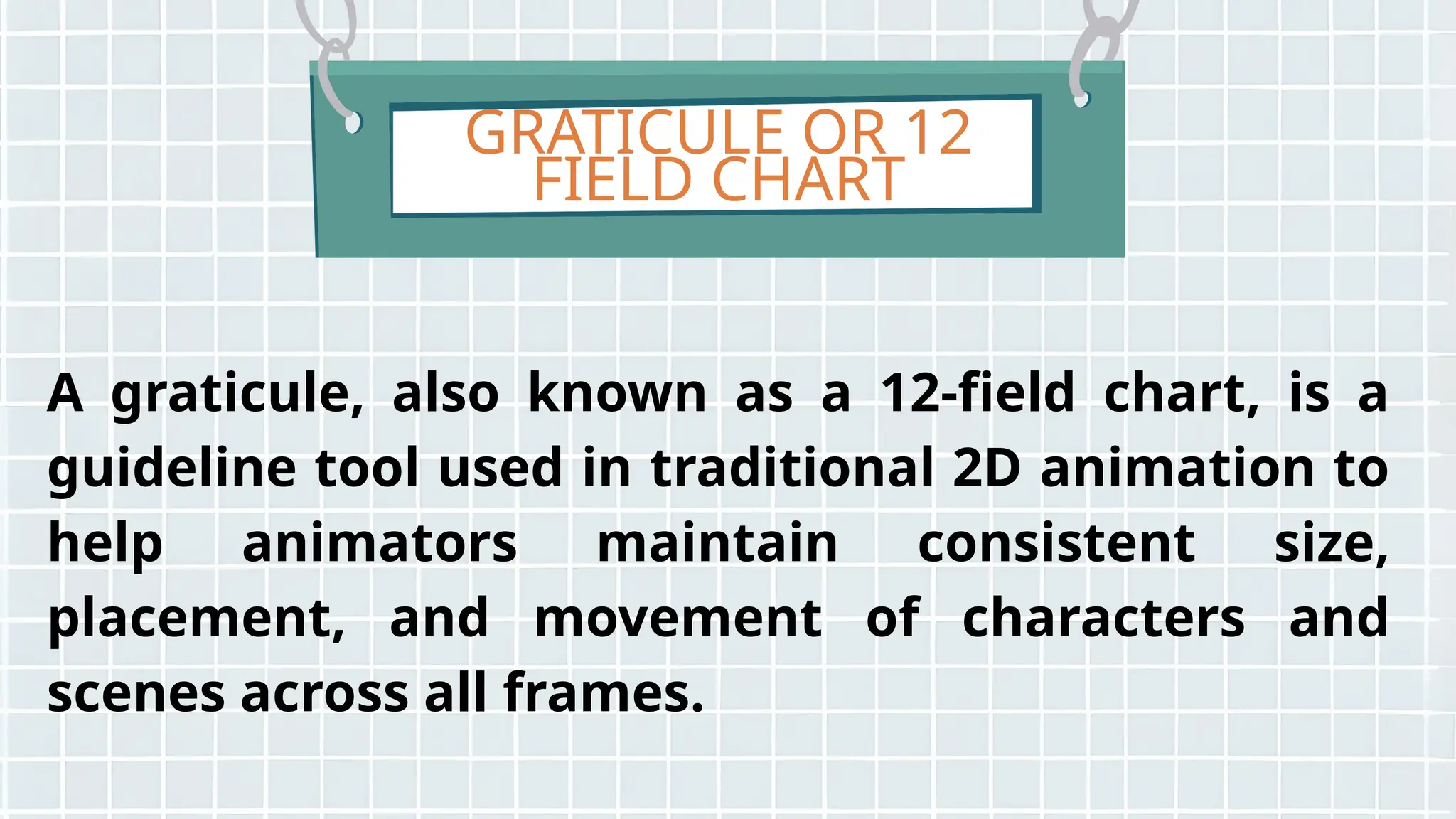 GRATICULE OR 12
FIELD CHART
A graticule, also known as a 12-field chart, is a
guideline tool used in traditional 2D animation to
help animators maintain consistent size,
placement, and movement of characters and
scenes across all frames.
 