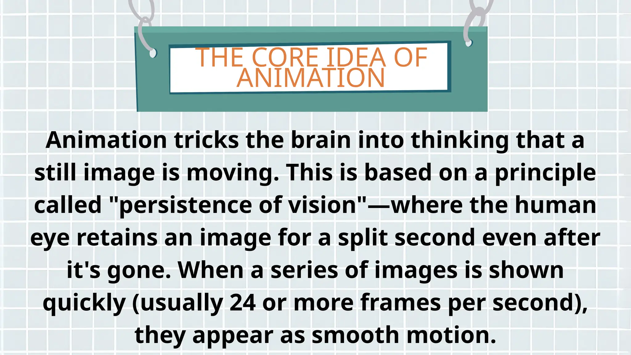 THE CORE IDEA OF
ANIMATION
Animation tricks the brain into thinking that a
still image is moving. This is based on a principle
called "persistence of vision"—where the human
eye retains an image for a split second even after
it's gone. When a series of images is shown
quickly (usually 24 or more frames per second),
they appear as smooth motion.
 