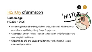 HISTOry ofanimation
Golden Age
(1930s–1940s)
• Rise of major studios (Disney, Warner Bros., Fleischer) with theatrical
shorts featuring Mickey, Betty Boop, Popeye, etc.
• “Steamboat Willie” (1928): The first cartoon with synchronized sound—
launching Mickey Mouse
• “Snow White and the Seven Dwarfs” (1937): The first full-length
animated feature film
 