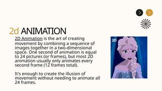 2d ANIMATION
2D Animation is the art of creating
movement by combining a sequence of
images together in a two-dimensional
space. One second of animation is equal
to 24 pictures (or frames), but most 2D
animation usually only animates every
second frame (12 frames total).
It's enough to create the illusion of
movement without needing to animate all
24 frames.
 