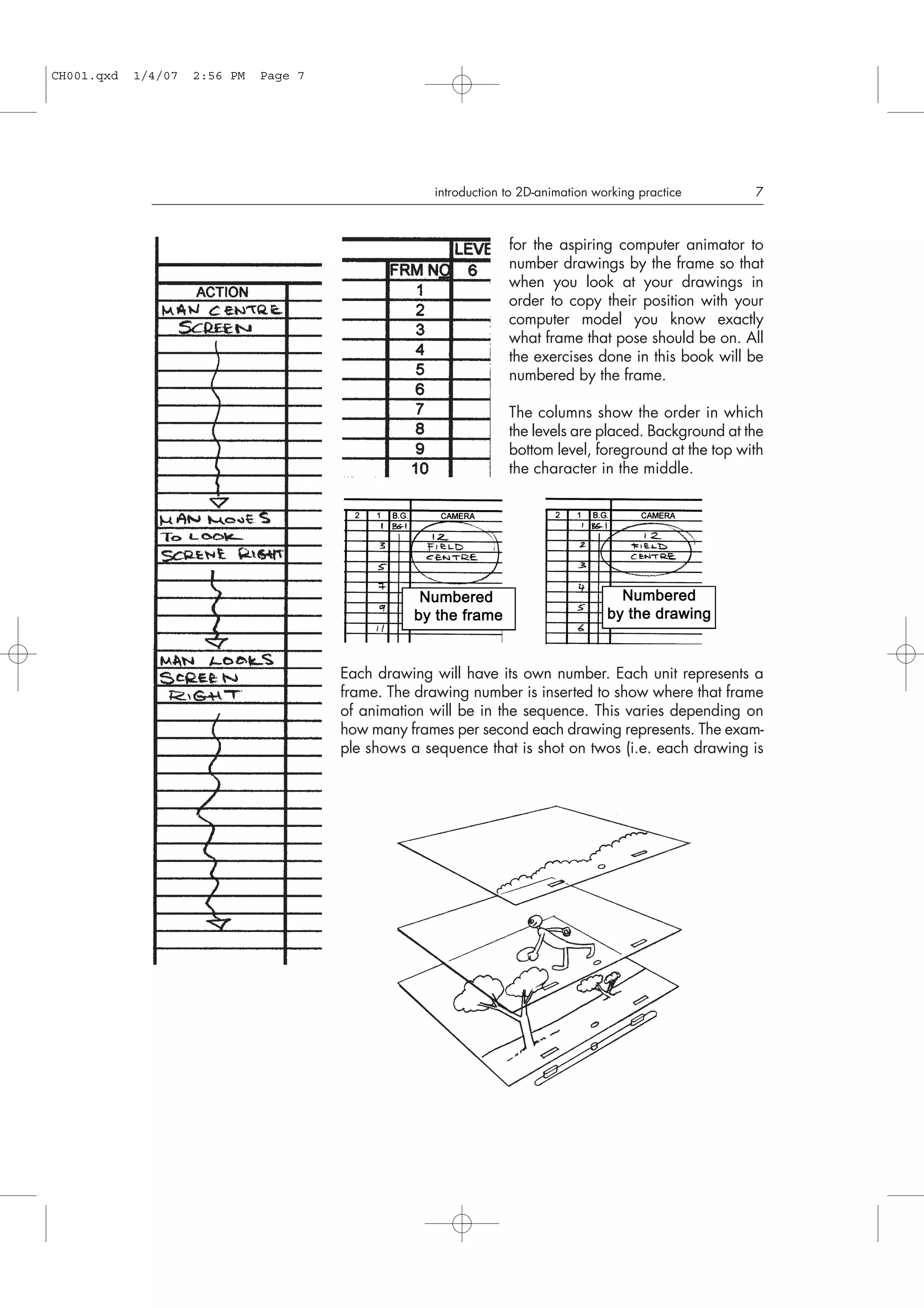 for the aspiring computer animator to
number drawings by the frame so that
when you look at your drawings in
order to copy their position with your
computer model you know exactly
what frame that pose should be on. All
the exercises done in this book will be
numbered by the frame.
The columns show the order in which
the levels are placed. Background at the
bottom level, foreground at the top with
the character in the middle.
Each drawing will have its own number. Each unit represents a
frame. The drawing number is inserted to show where that frame
of animation will be in the sequence. This varies depending on
how many frames per second each drawing represents. The exam-
ple shows a sequence that is shot on twos (i.e. each drawing is
introduction to 2D-animation working practice 7
CH001.qxd 1/4/07 2:56 PM Page 7
 