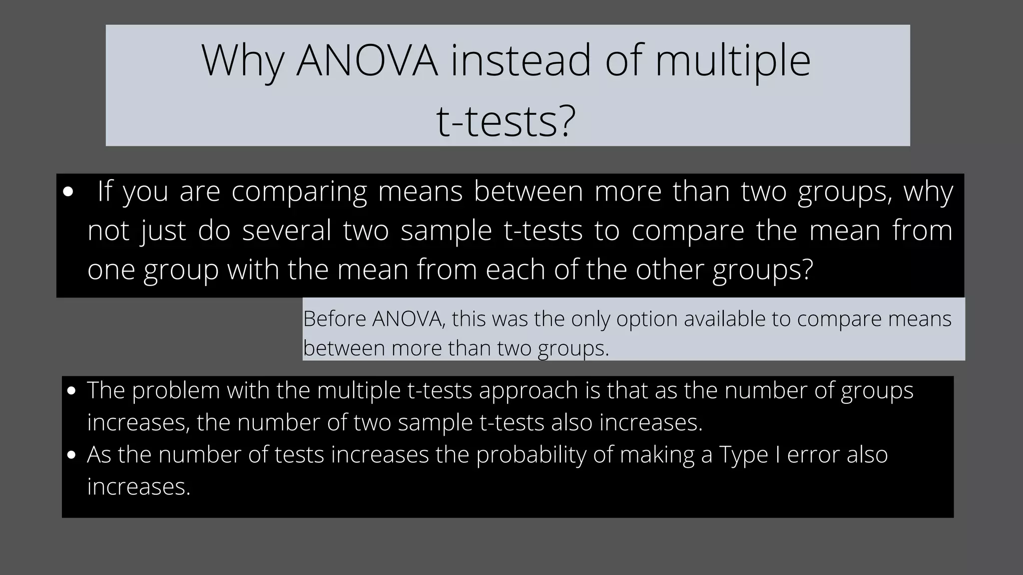 Why ANOVA instead of multiple
t-tests?
If you are comparing means between more than two groups, why
not just do several two sample t-tests to compare the mean from
one group with the mean from each of the other groups?
Before ANOVA, this was the only option available to compare means
between more than two groups.
The problem with the multiple t-tests approach is that as the number of groups
increases, the number of two sample t-tests also increases.
As the number of tests increases the probability of making a Type I error also
increases.
 