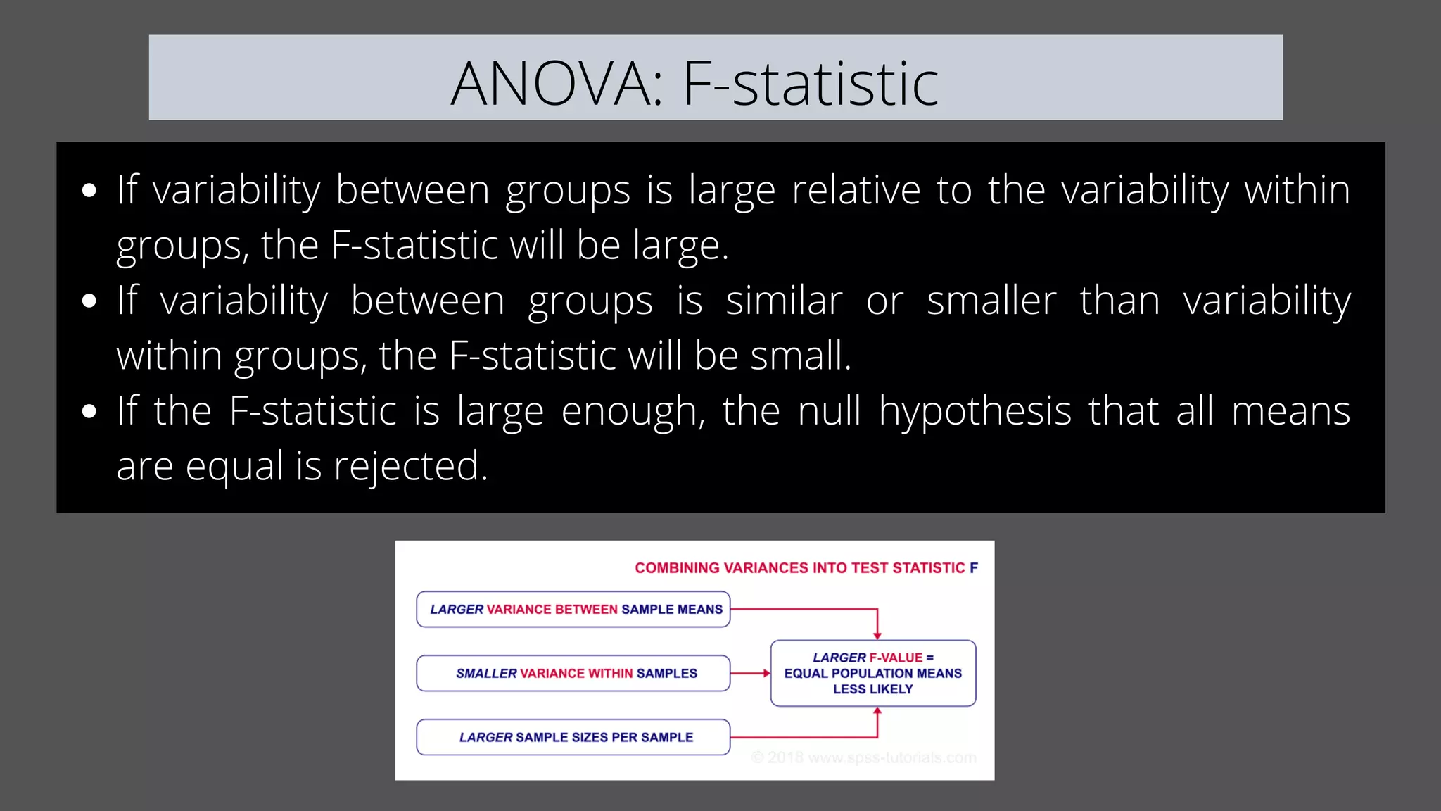 If variability between groups is large relative to the variability within
groups, the F-statistic will be large.
If variability between groups is similar or smaller than variability
within groups, the F-statistic will be small.
If the F-statistic is large enough, the null hypothesis that all means
are equal is rejected.
ANOVA: F-statistic
 
