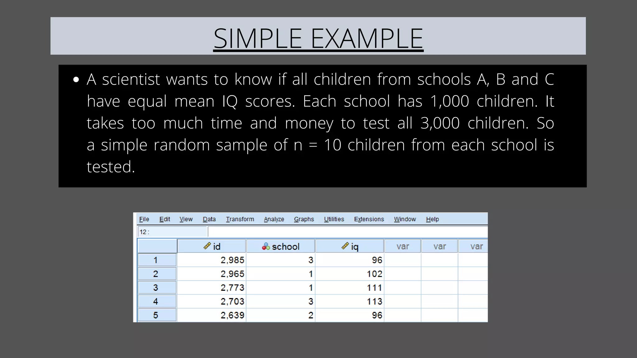 A scientist wants to know if all children from schools A, B and C
have equal mean IQ scores. Each school has 1,000 children. It
takes too much time and money to test all 3,000 children. So
a simple random sample of n = 10 children from each school is
tested.
SIMPLE EXAMPLE
 