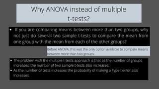 Why ANOVA instead of multiple
t-tests?
If you are comparing means between more than two groups, why
not just do several two sample t-tests to compare the mean from
one group with the mean from each of the other groups?
Before ANOVA, this was the only option available to compare means
between more than two groups.
The problem with the multiple t-tests approach is that as the number of groups
increases, the number of two sample t-tests also increases.
As the number of tests increases the probability of making a Type I error also
increases.
 