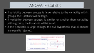 If variability between groups is large relative to the variability within
groups, the F-statistic will be large.
If variability between groups is similar or smaller than variability
within groups, the F-statistic will be small.
If the F-statistic is large enough, the null hypothesis that all means
are equal is rejected.
ANOVA: F-statistic
 